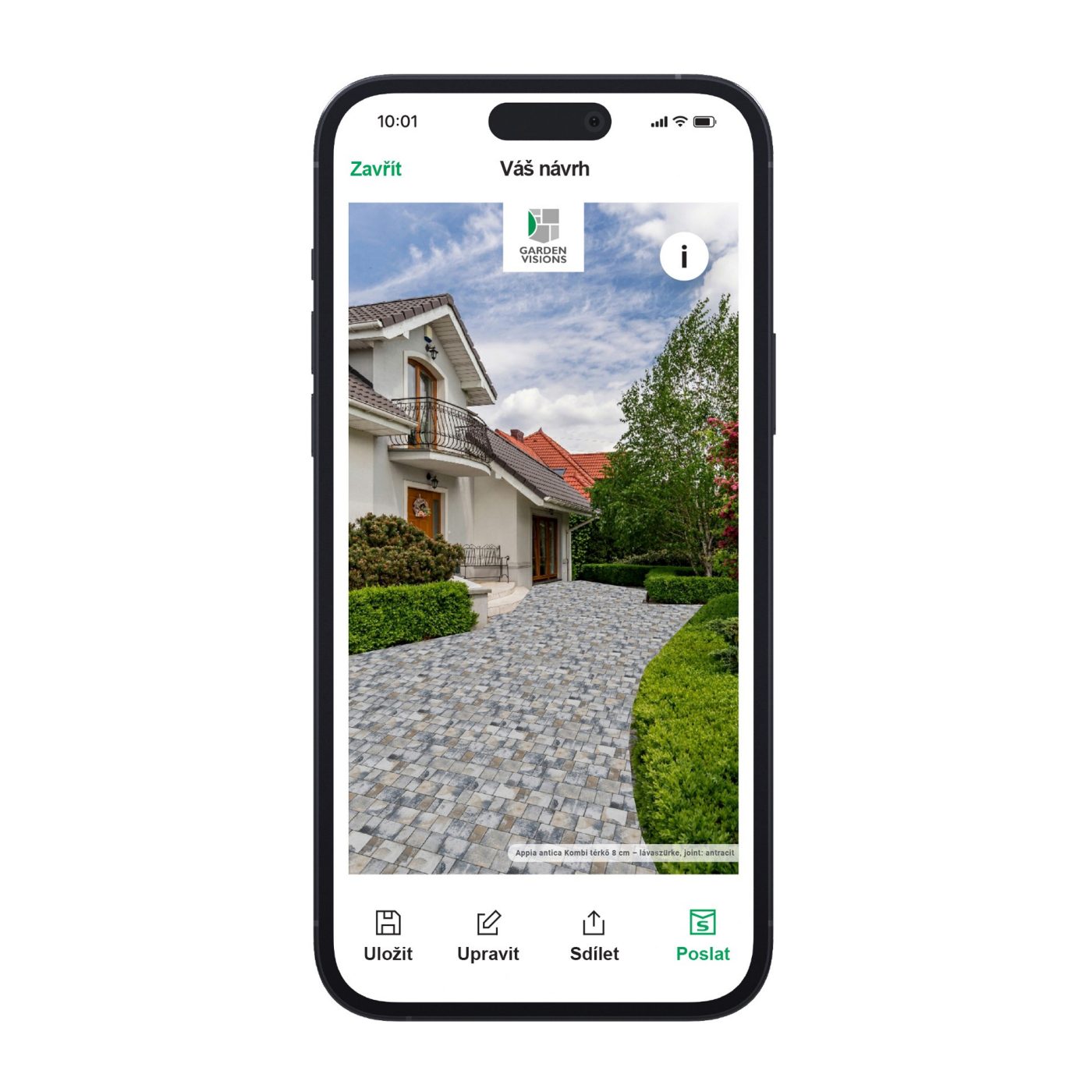 Výsledný návrh dlážděné plochy před rodinným domem v mobilní aplikaci GardenVisions