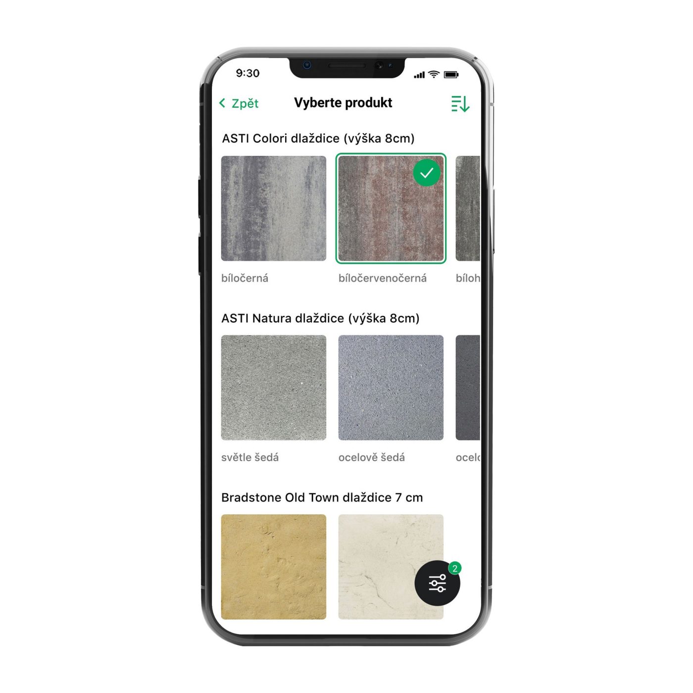 Výběr vzorku venkovní dlažby v mobilní aplikaci GardenVisions