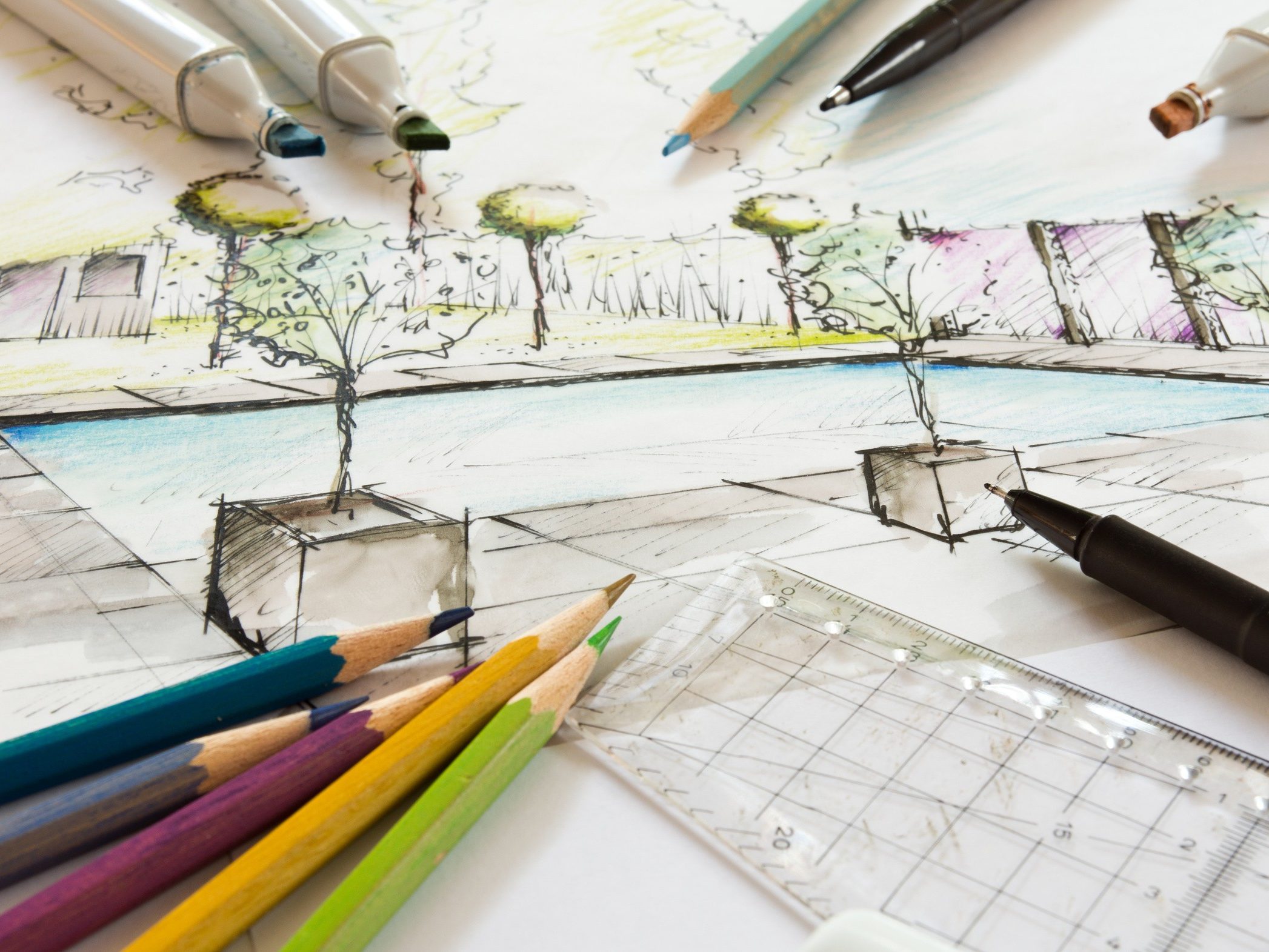 Gartenplanung - handgezeichneter Entwurf eines kleinen Stadtgartens