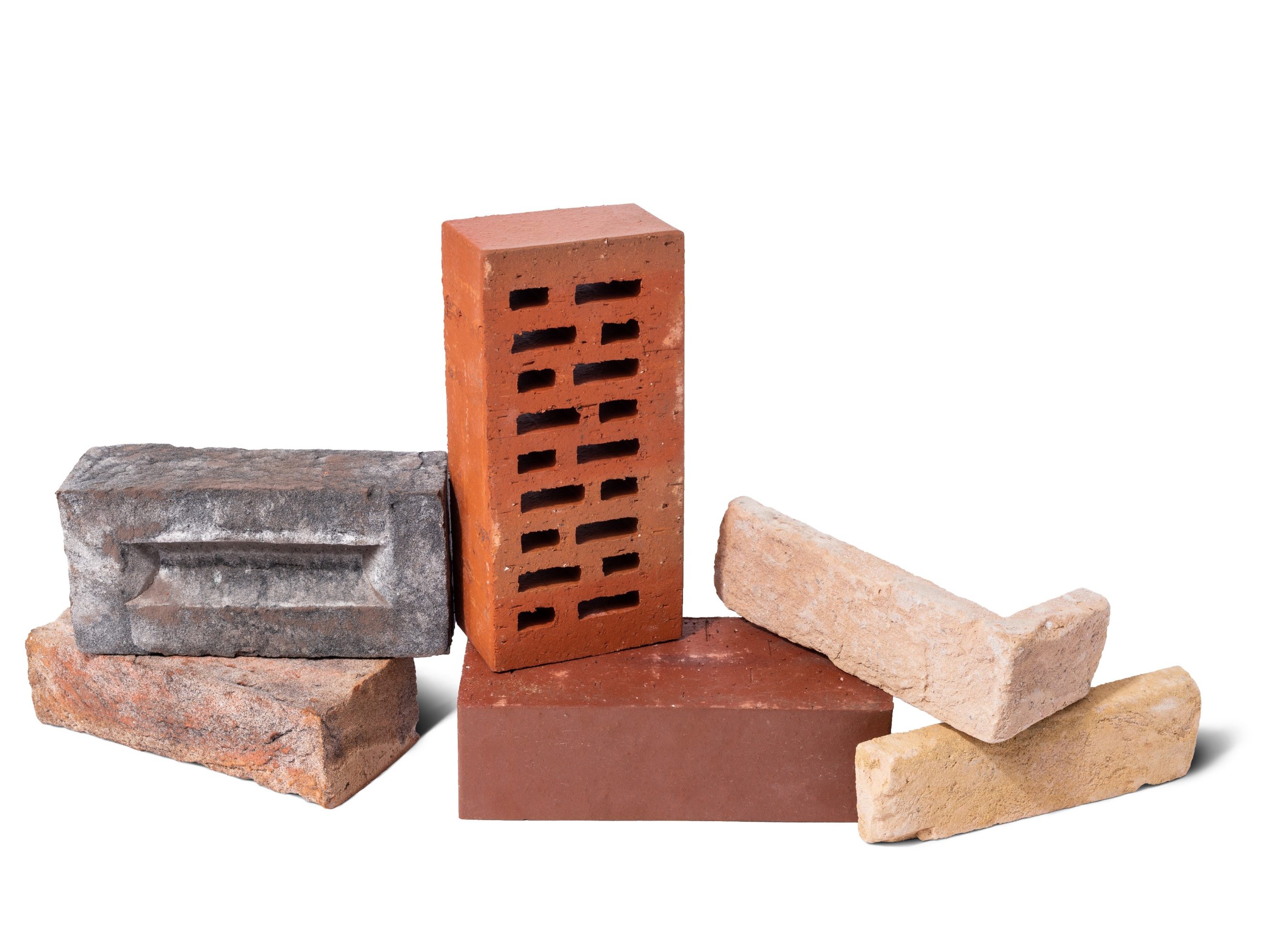 Lícové cihly a obkladové pásky Terca na bílém pozadí - ražené lícové cihly Terca, tažené lícové cihly Terca (Klinker), obkladové pásky Terca