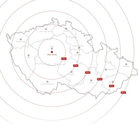 Mapa vzdáleností - doprava lícových cihel, obkladových pásek Terca a dlažby Penter