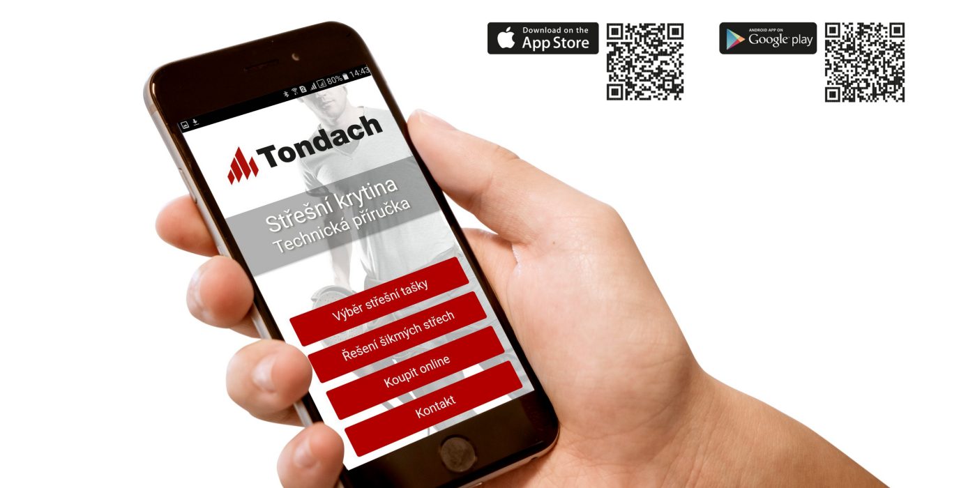 Ruka držící mobil s QR kódy - QR kód - Mobilní technická příručka - Střešní krytina Tondach