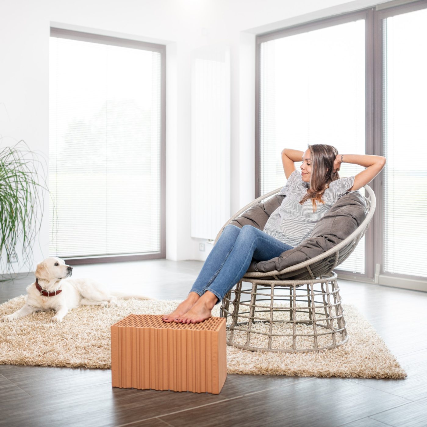 Žena sedící v křesle v obývacím pokoji opřená o cihlu EKO+ Profi s ležícím psem na koberci